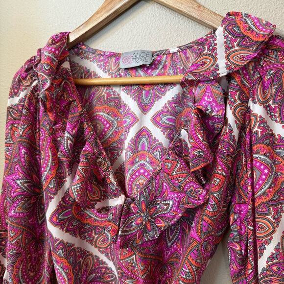 Alice & Trixie 100% Silk Designer Dress Pink Boho Paisley Women's sz XS Ruffles - Picture 5 of 13